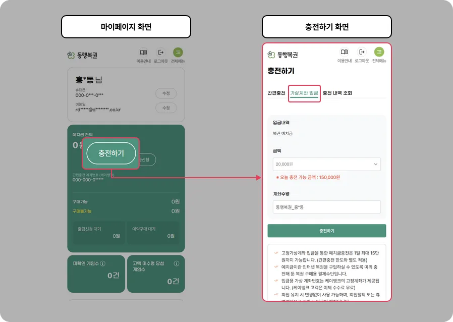 동행복권 모바일 예치금 충전 화면