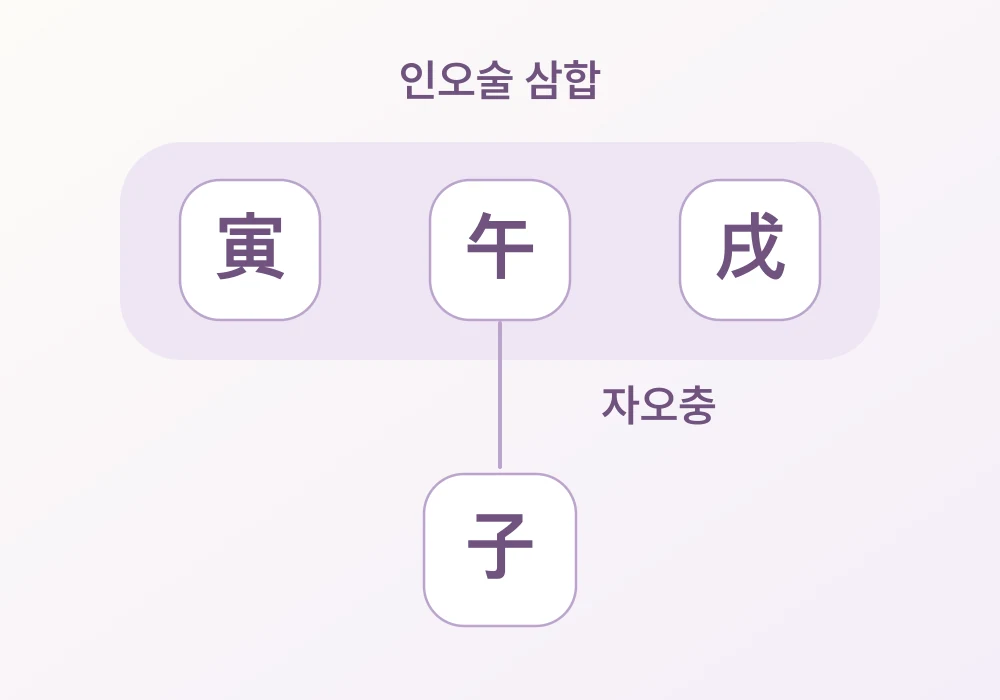 인·오·술 삼합 영역의 오(午)가 아래 자(子)와 자오충으로 연결된 관계도