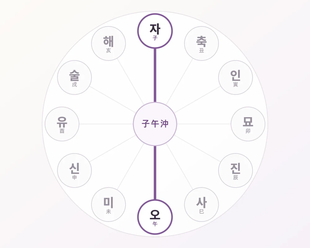 12지지 원형에서 정북의 자와 정남의 오가 마주하는 자오충 강조 관계도