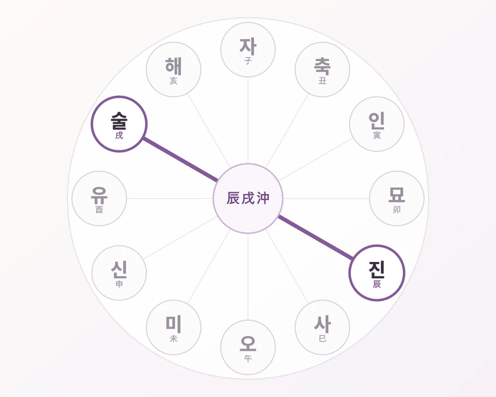 12지지 원형에서 동남동의 진과 서북서의 술이 마주하는 진술충 강조 관계도