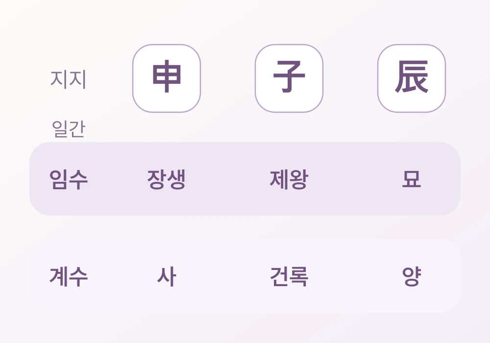 같은 신·자·진 지지에서 임수 일간은 장생·제왕·묘, 계수 일간은 사·건록·양으로 표시되는 십이운성 비교